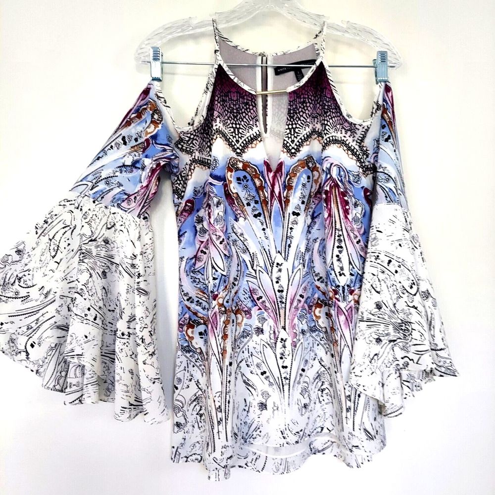 WHBM Peekaboo Shoulder Top Size 2 Small White Purple Bell Sleeves